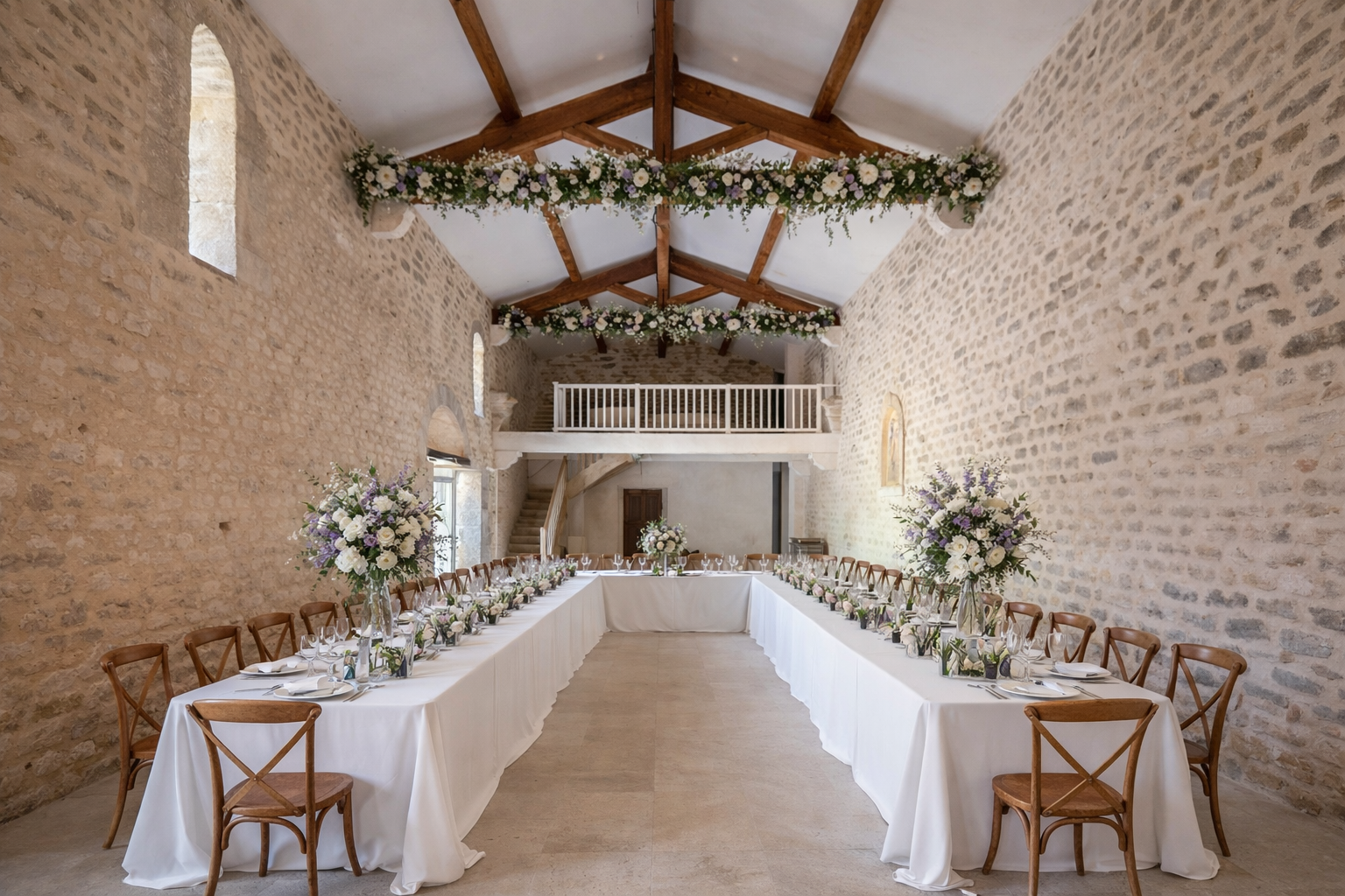 Réception de mariage sous charpente en bois, Le Prieuré des Lavandes, Villemus, Luberon