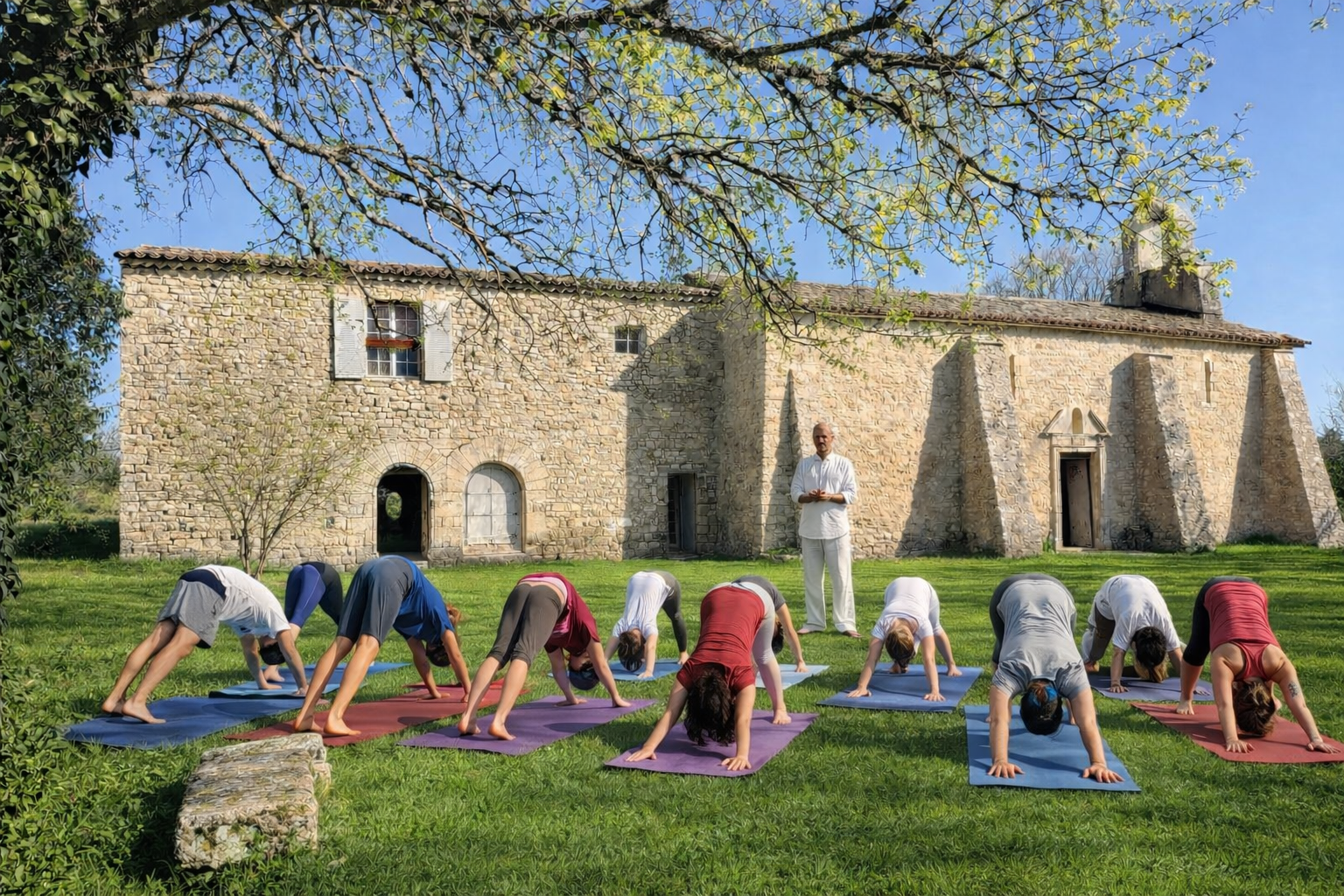 Séance de yoga en plein air dans le parc du prieuré, retraite dans le Luberon